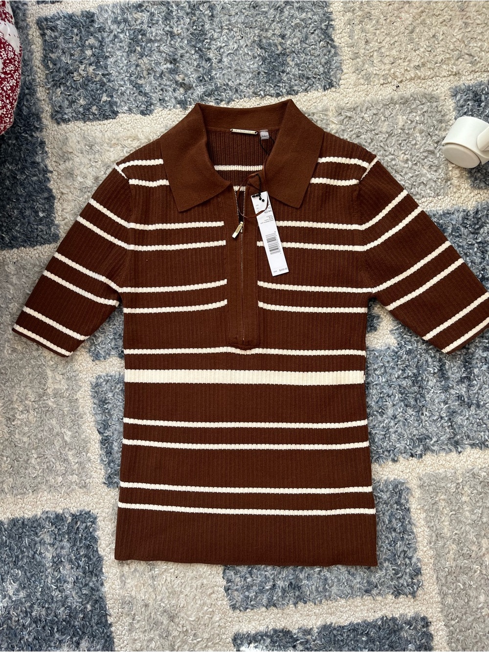 Elie Tahari Brown & Cream Striped Zip Polo Sweater